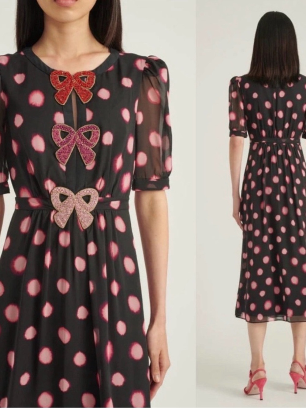 SALONI Jamie Silk Pink Crystal Bow Polka Dot Midi Dress -sleeves lengthened